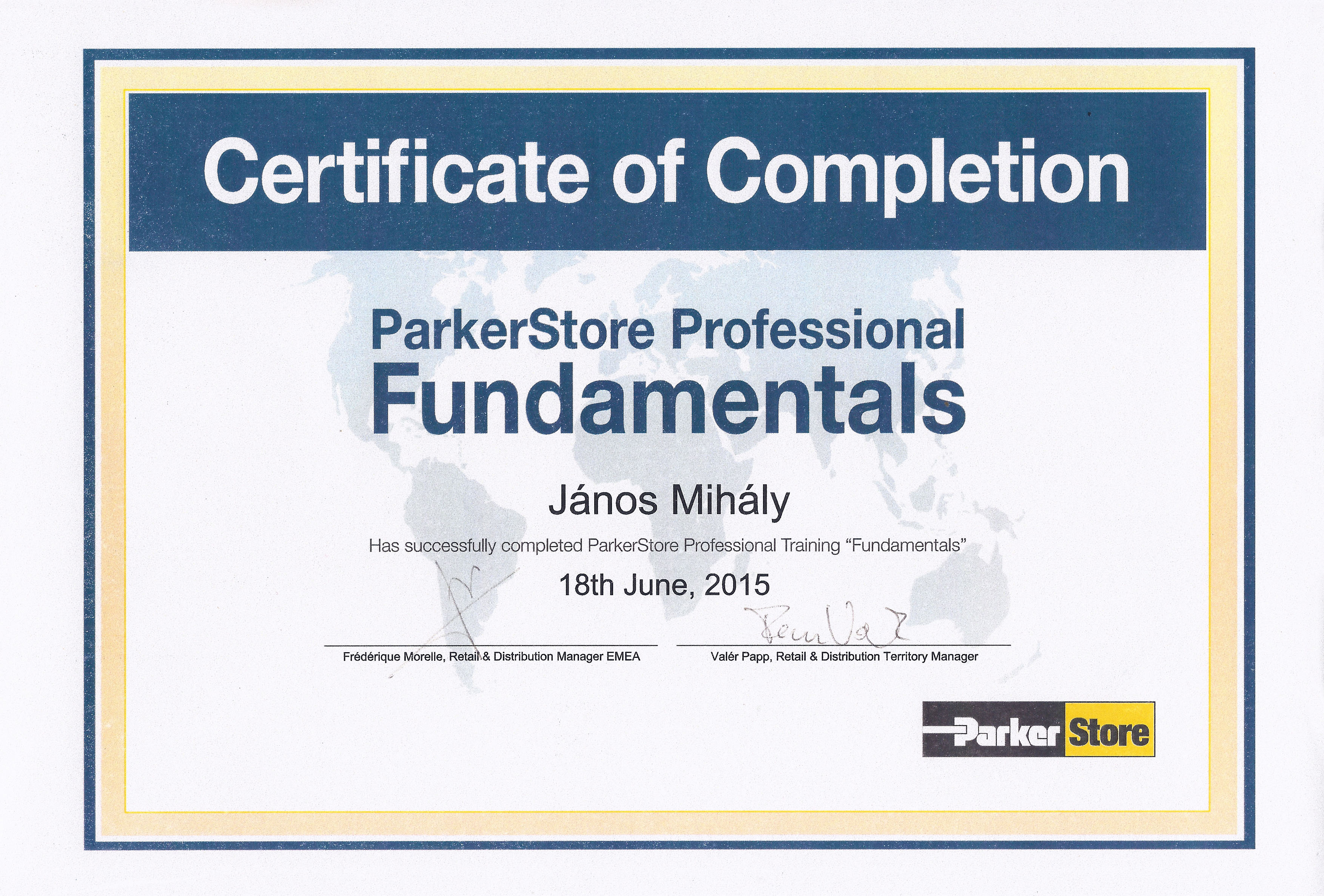 Pannon-Turbó Kft. Certificate Parker Store Professional