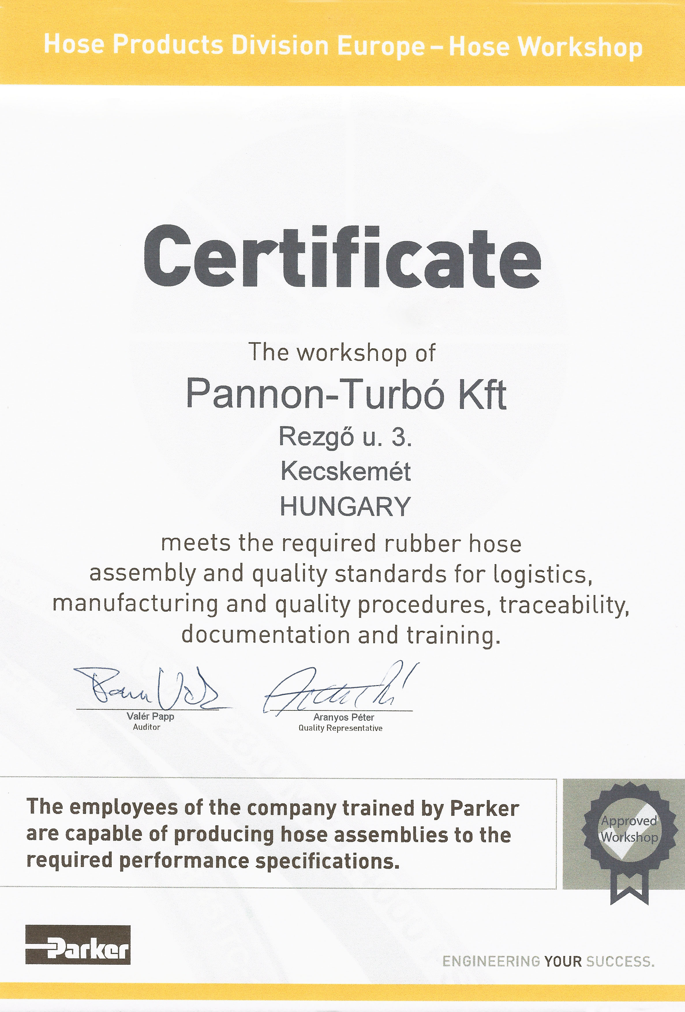 Pannon-Turbó Kft. Certificate HPDE Hose Workshop